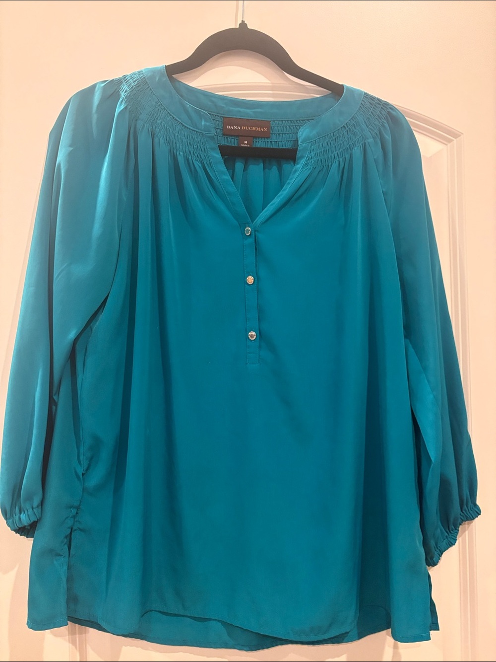 Dana Buchman Teal Blue Long-Sleeve Smocked Yoke Tunic
